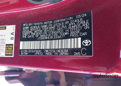 2024 Toyota Corolla Hybrid Le из США, поврежденный, VIN JTDBDMHE4RJ008677